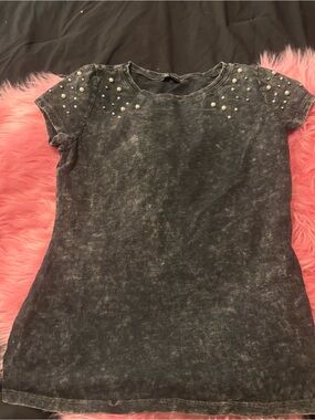 INC International Concepts Black Washed Short Sleeve Tee with Pearl Studs